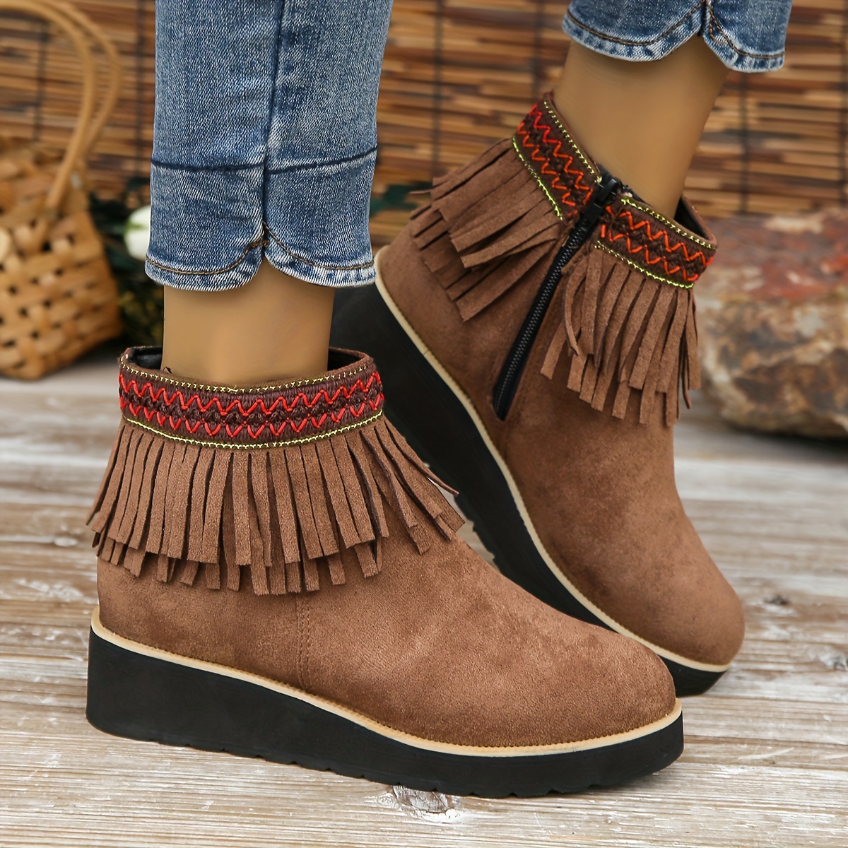 womens tassel wedge ankle boots solid color round toe height increasing boots retro side zipper short boots details 8