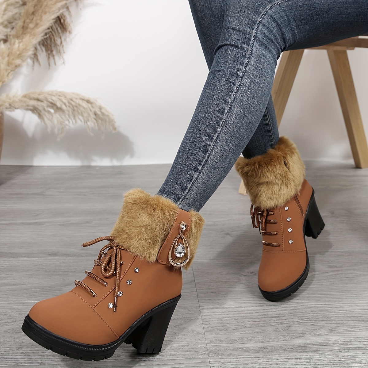 womens chunky heeled short boots rhinestone decor lace up block high heels fashion side zipper ankle boots details 8