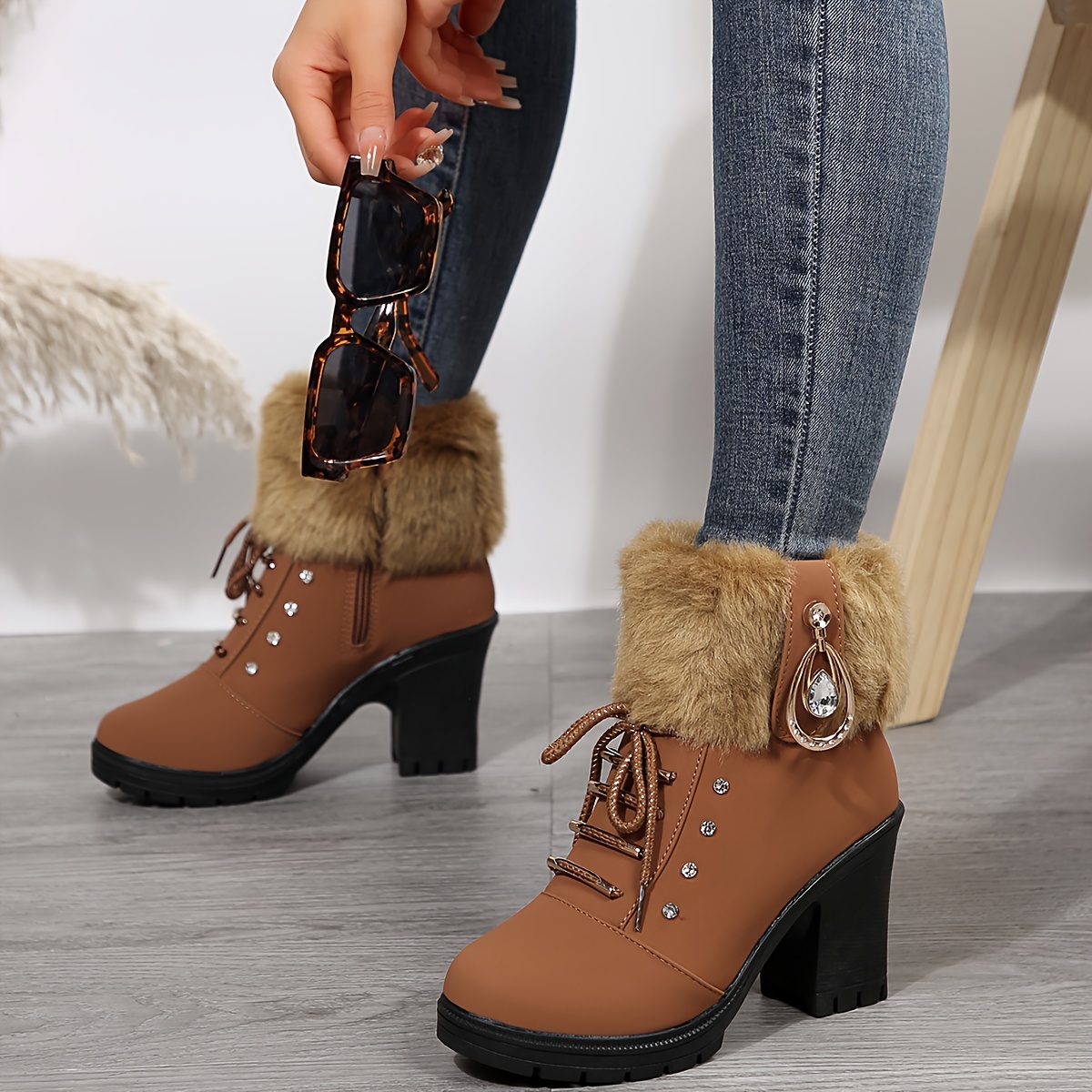 womens chunky heeled short boots rhinestone decor lace up block high heels fashion side zipper ankle boots details 9