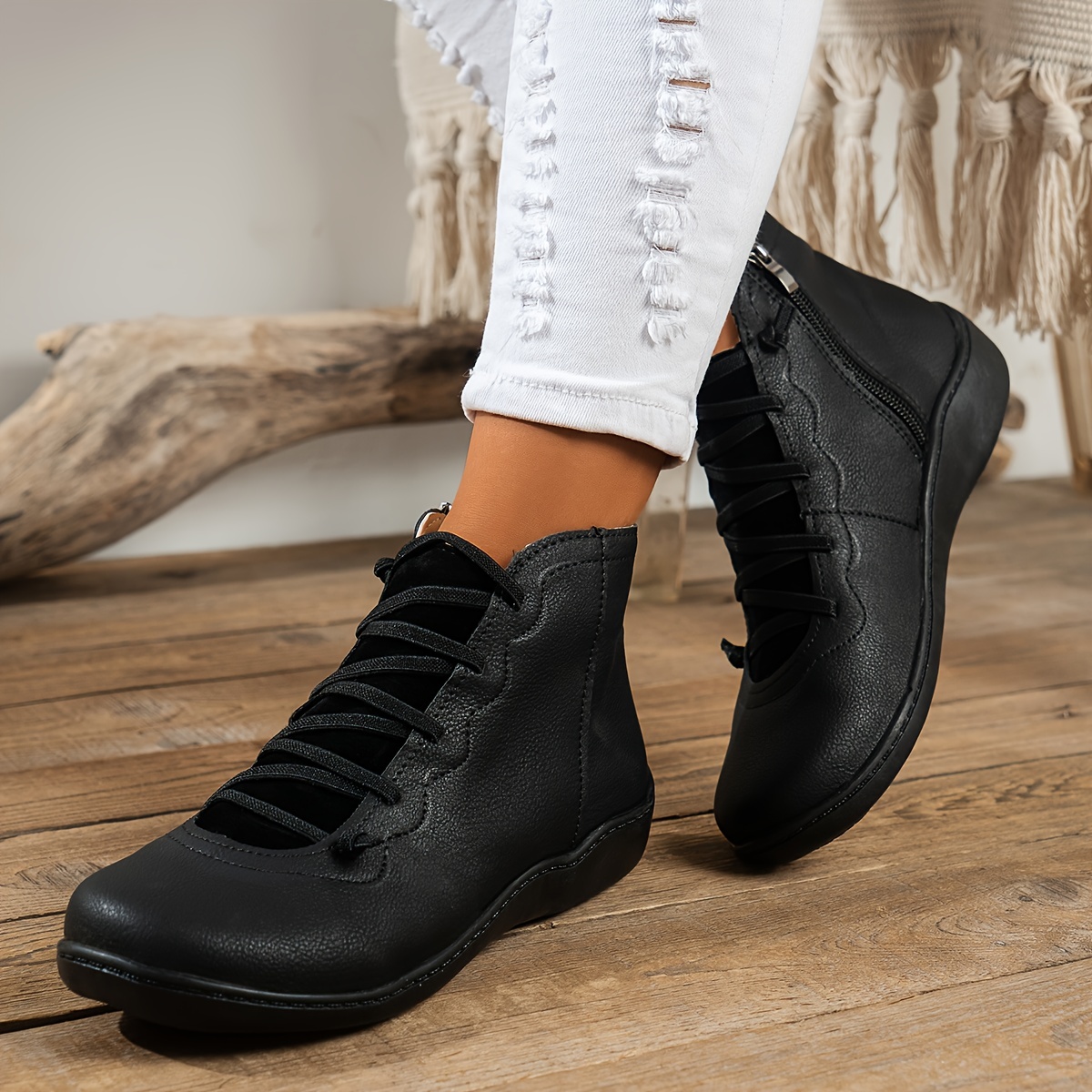 womens classic solid color short boots casual lace up side zipper boots comfortable ankle boots details 0