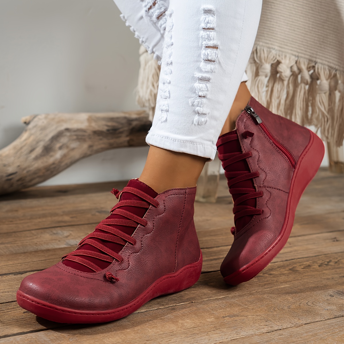 womens classic solid color short boots casual lace up side zipper boots comfortable ankle boots details 3