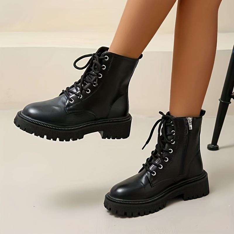 womens platform combat boots solid color lace up side zipper ankle boots all match short boots details 0