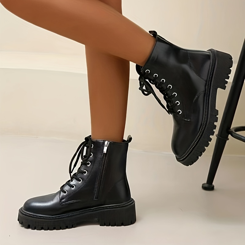 womens platform combat boots solid color lace up side zipper ankle boots all match short boots details 3