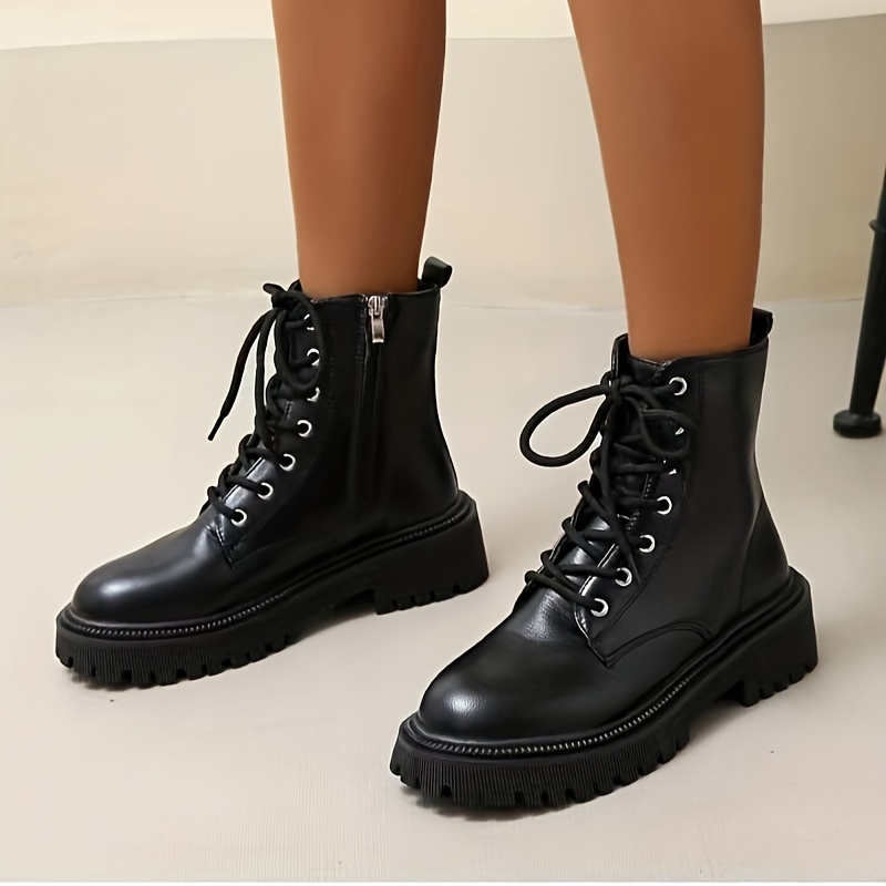 womens platform combat boots solid color lace up side zipper ankle boots all match short boots details 5