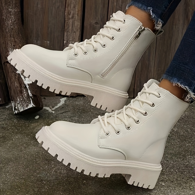 womens platform combat boots solid color lace up side zipper ankle boots all match short boots details 6