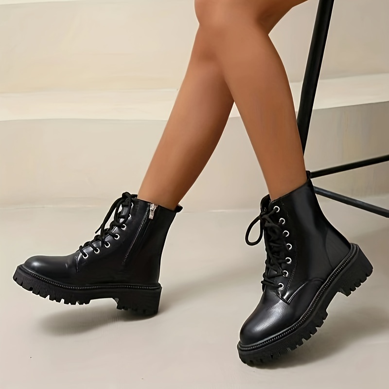 womens platform combat boots solid color lace up side zipper ankle boots all match short boots details 9