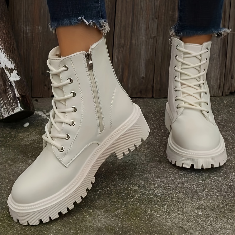 womens platform combat boots solid color lace up side zipper ankle boots all match short boots details 10