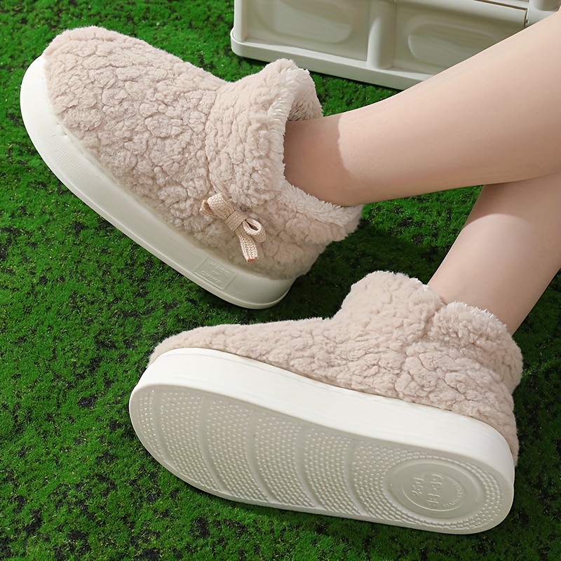 womens bowknot plush ankle boots cute cozy warm slip on platform snow boots winter fleece outdoor boots details 2