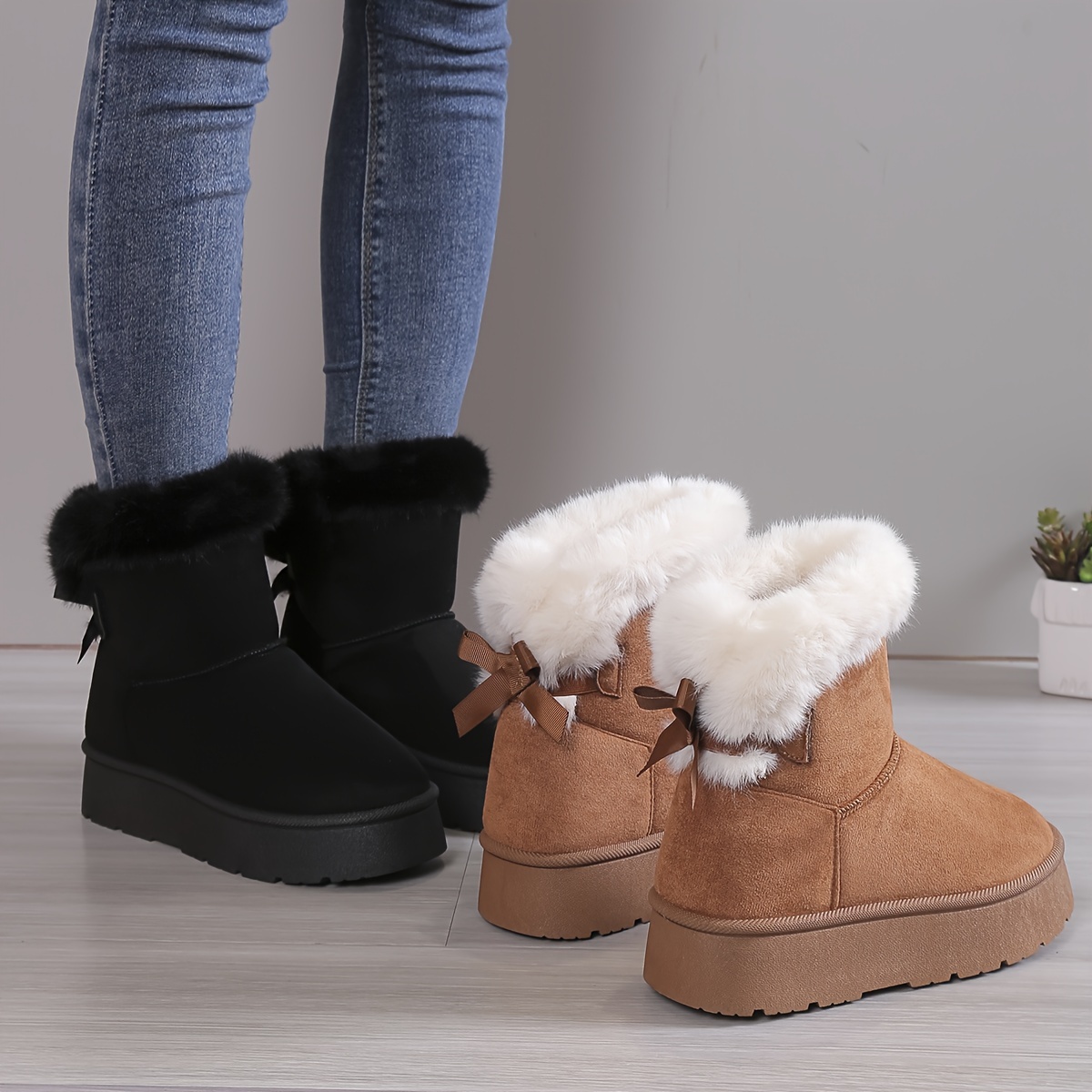 womens solid color fluffy boots bowknot decor platform thermal lined boots winter non slip plush soft shoes details 0