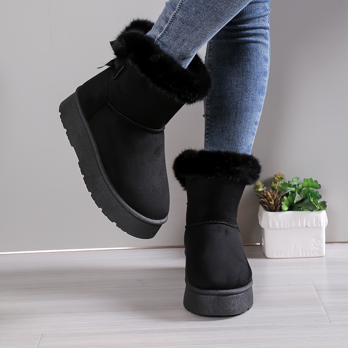 womens solid color fluffy boots bowknot decor platform thermal lined boots winter non slip plush soft shoes details 2