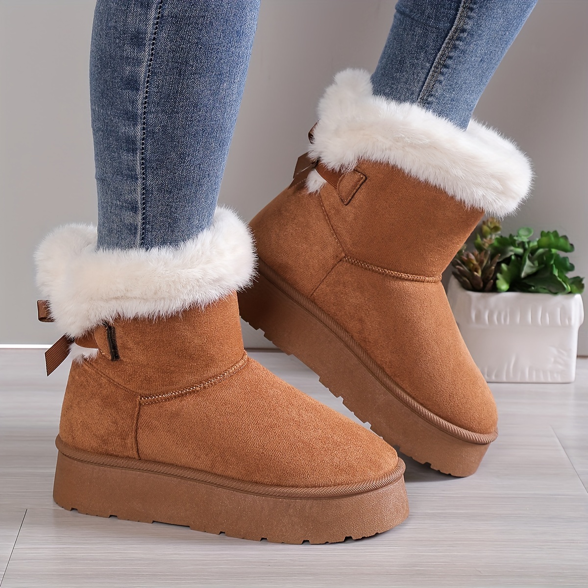 womens solid color fluffy boots bowknot decor platform thermal lined boots winter non slip plush soft shoes details 3