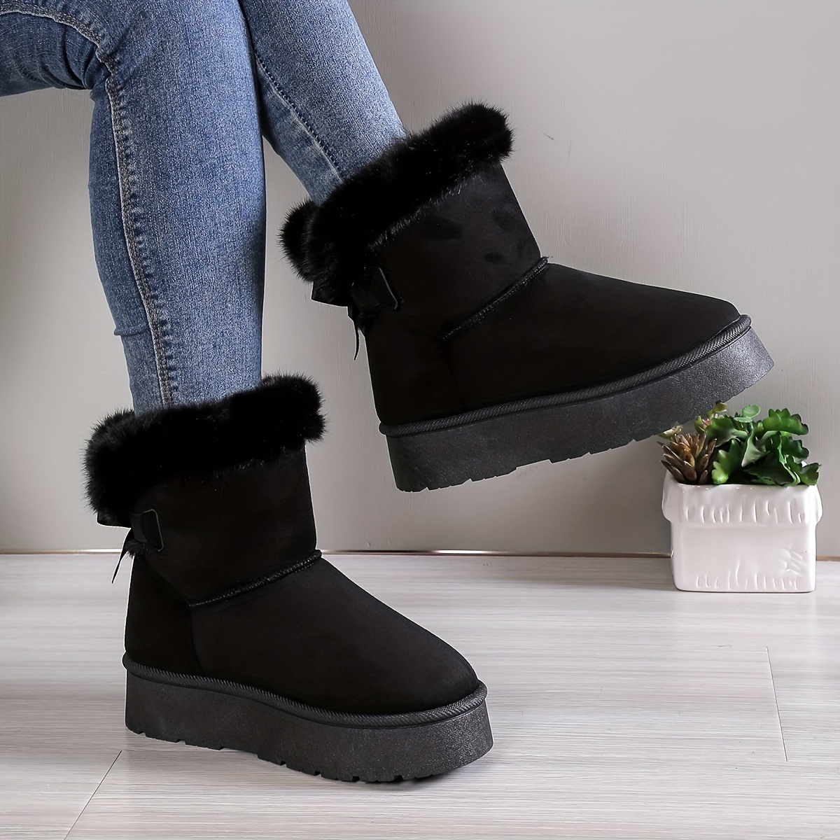 womens solid color fluffy boots bowknot decor platform thermal lined boots winter non slip plush soft shoes details 4