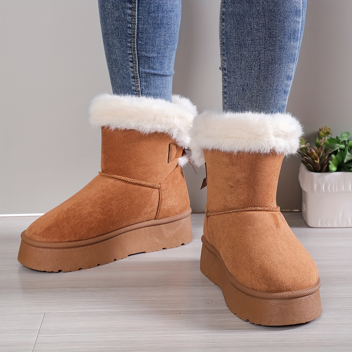 womens solid color fluffy boots bowknot decor platform thermal lined boots winter non slip plush soft shoes details 5