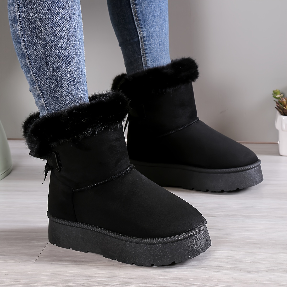 womens solid color fluffy boots bowknot decor platform thermal lined boots winter non slip plush soft shoes details 6