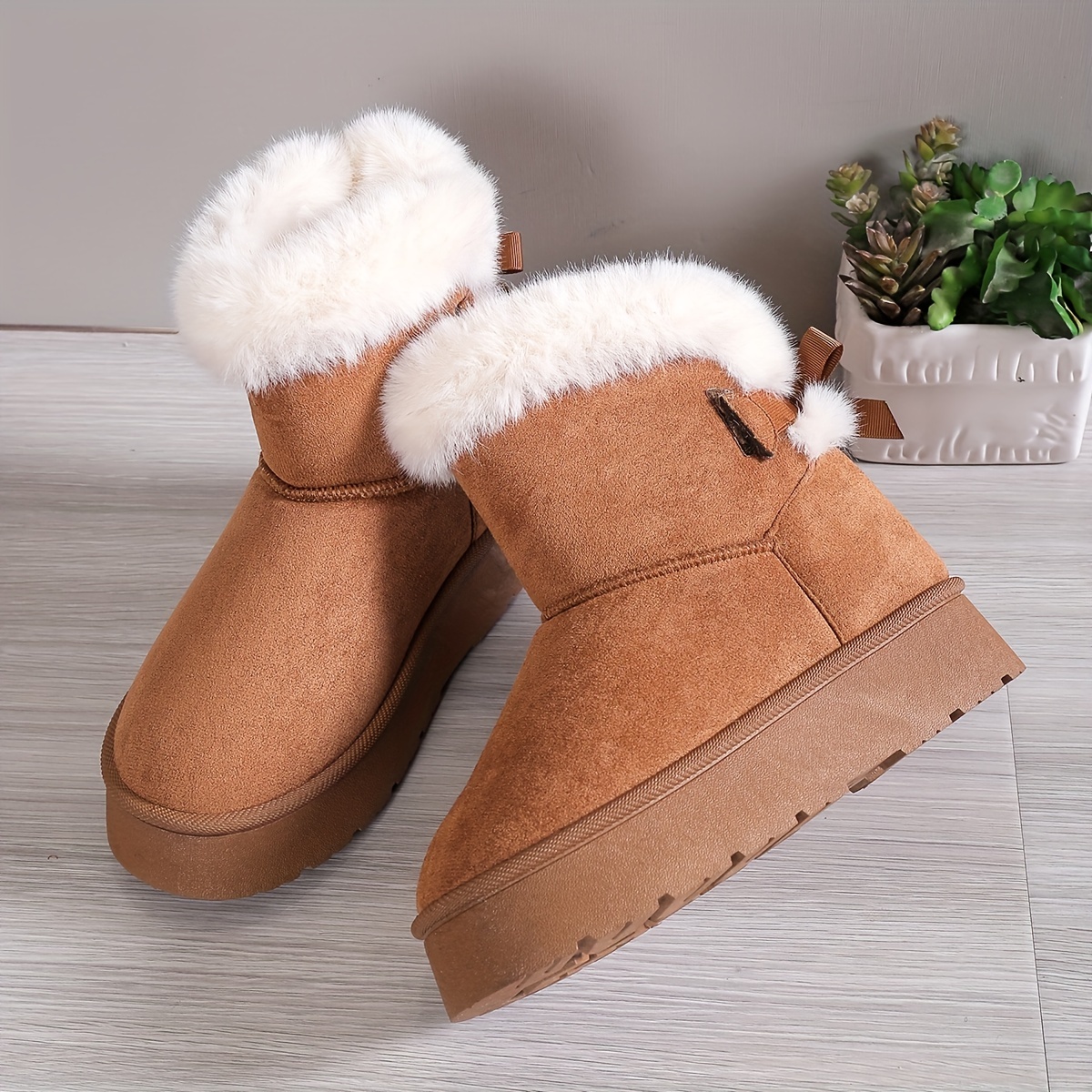 womens solid color fluffy boots bowknot decor platform thermal lined boots winter non slip plush soft shoes details 7