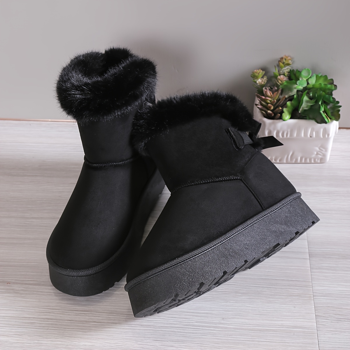 womens solid color fluffy boots bowknot decor platform thermal lined boots winter non slip plush soft shoes details 8