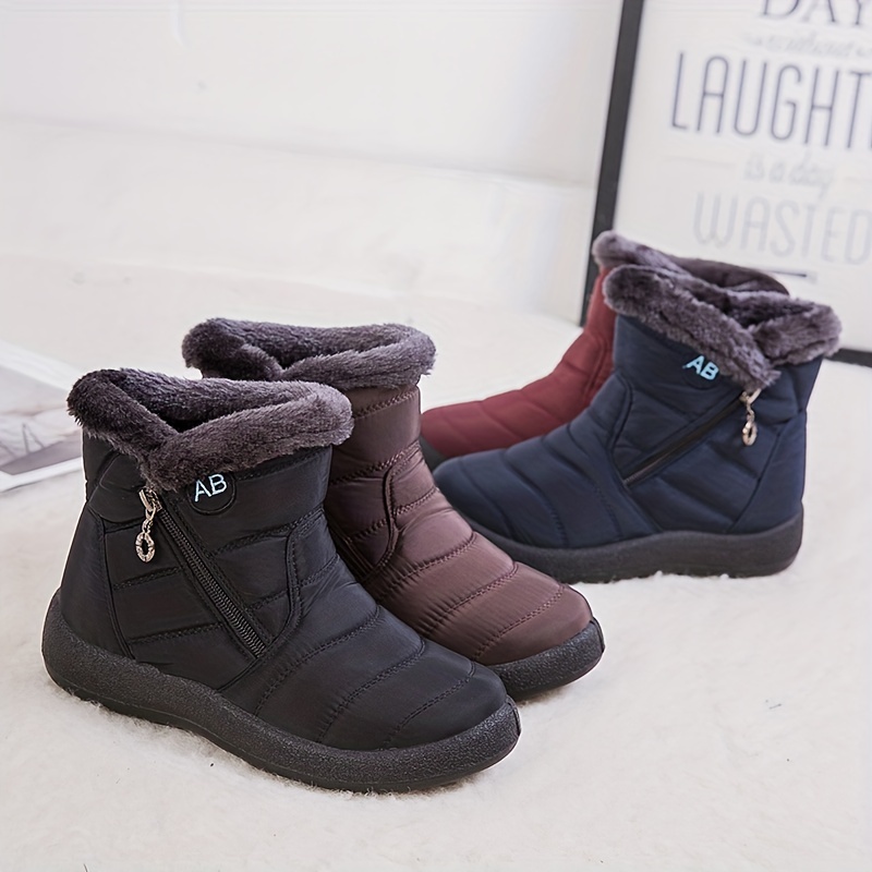 womens flat ankle snow boots waterproof side zipper plush lined boots winter warm outdoor shoes details 3