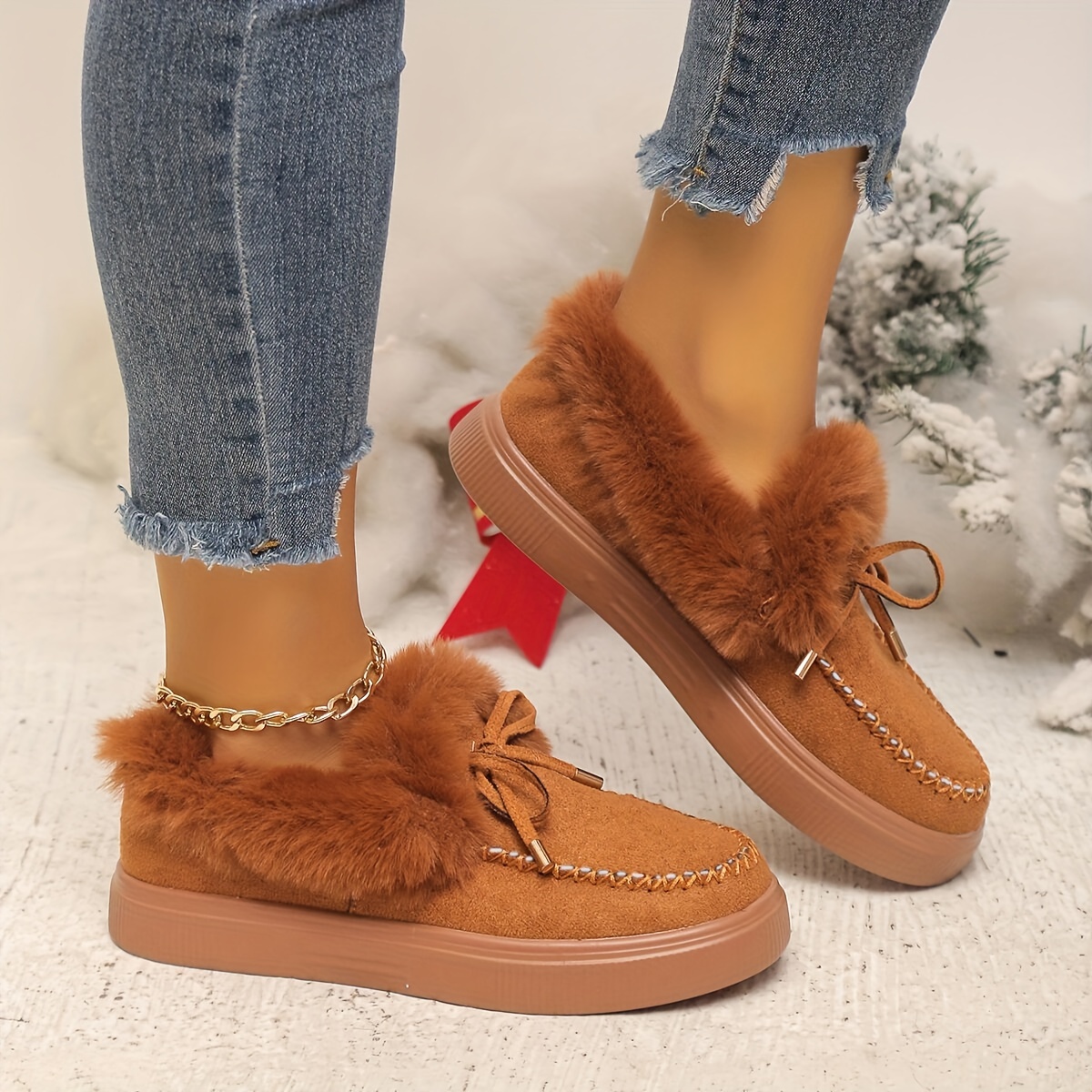 womens solid color short boots casual bowknot decor plush lined boots womens comfortable winter boots details 7