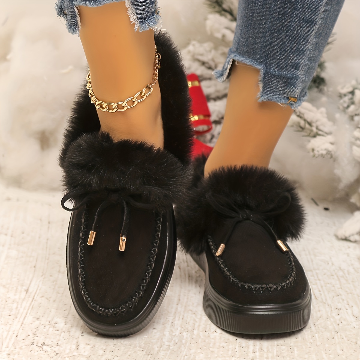 womens solid color short boots casual bowknot decor plush lined boots womens comfortable winter boots details 8