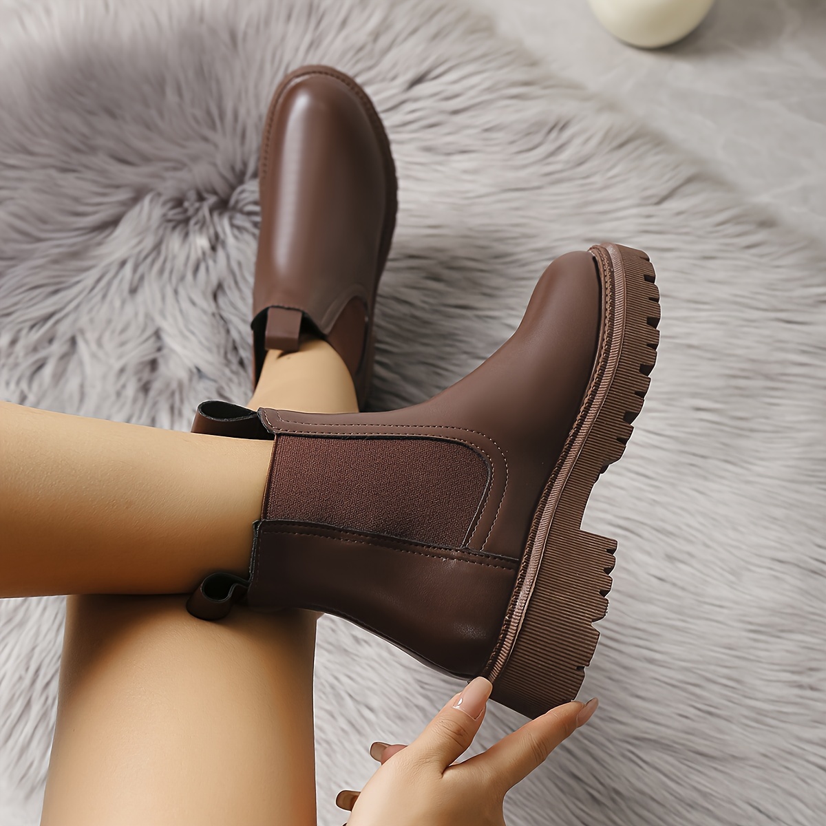 womens platform chelsea boots solid color round toe plush lined short boots winter warm slip on outdoor boots details 7