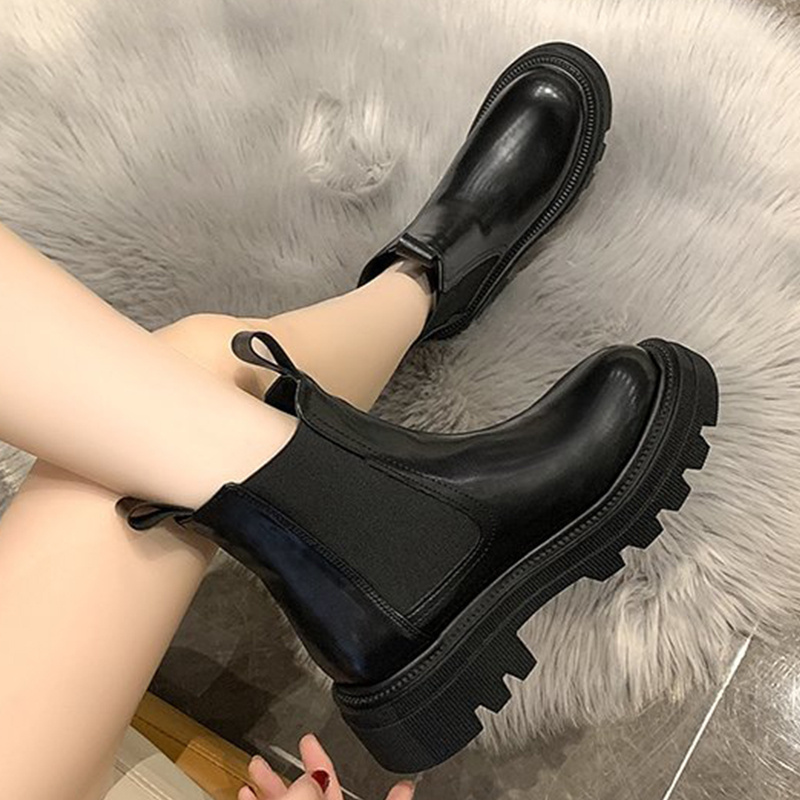 womens platform chelsea boots solid color round toe plush lined short boots winter warm slip on outdoor boots details 8