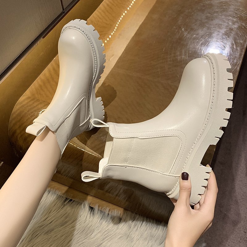 womens platform chelsea boots solid color round toe plush lined short boots winter warm slip on outdoor boots details 9