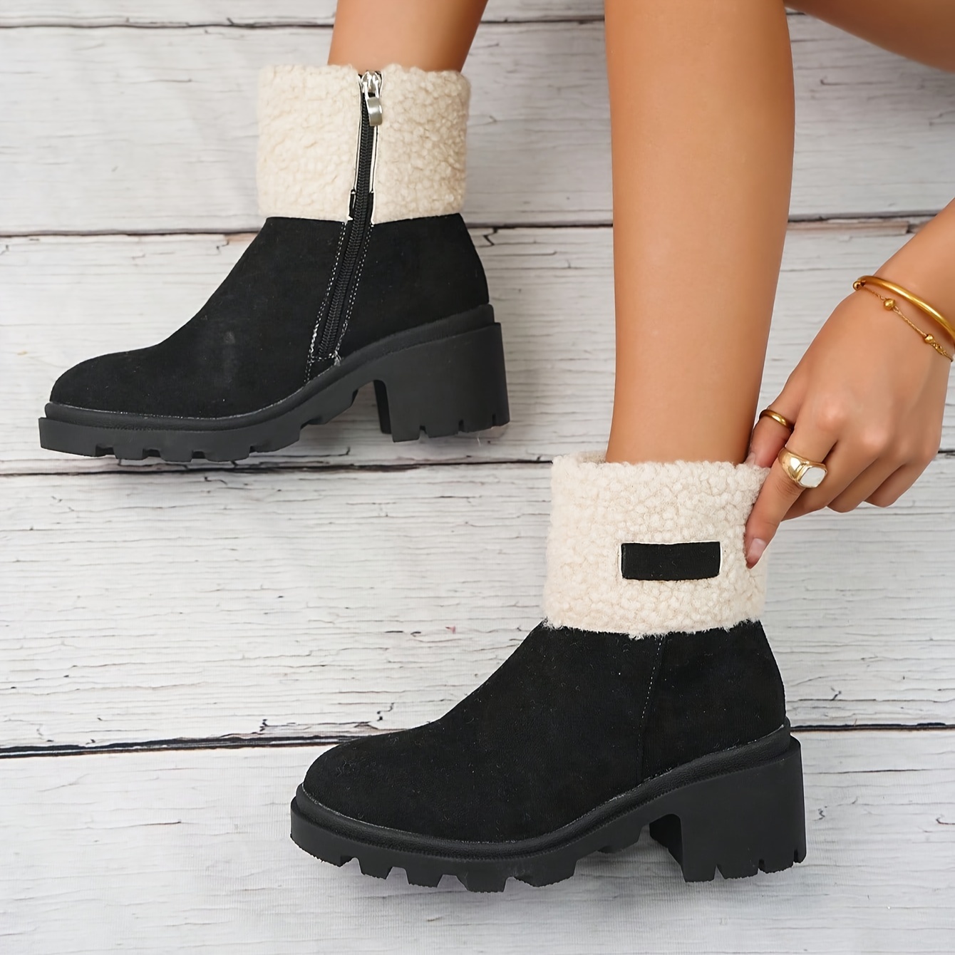 womens chunky heel short boots fashion lace up plush lined boots comfortable ankle boots details 5