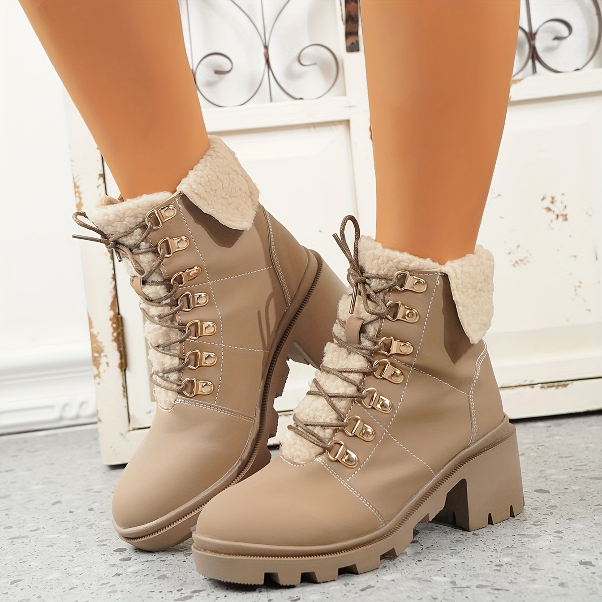 womens chunky heel short boots fashion lace up plush lined boots comfortable ankle boots details 8