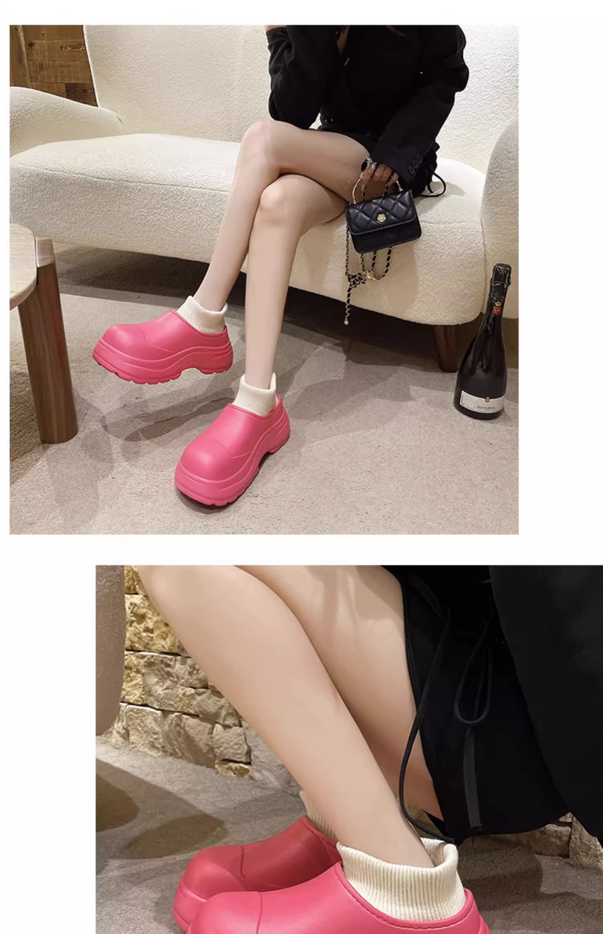 womens fashion sock boots waterproof solid color round toe platform boots comfy warm slip on ankle boots details 6