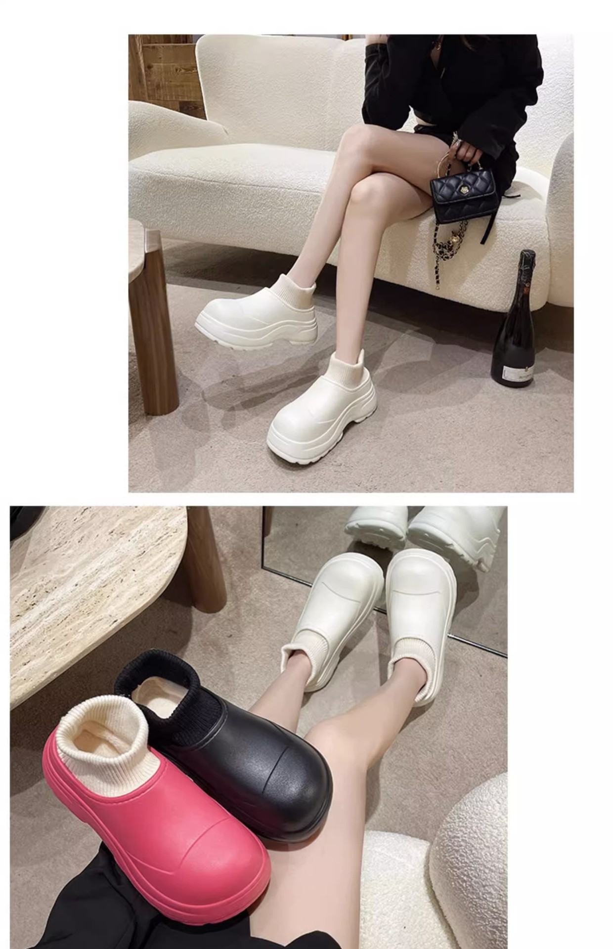 womens fashion sock boots waterproof solid color round toe platform boots comfy warm slip on ankle boots details 10