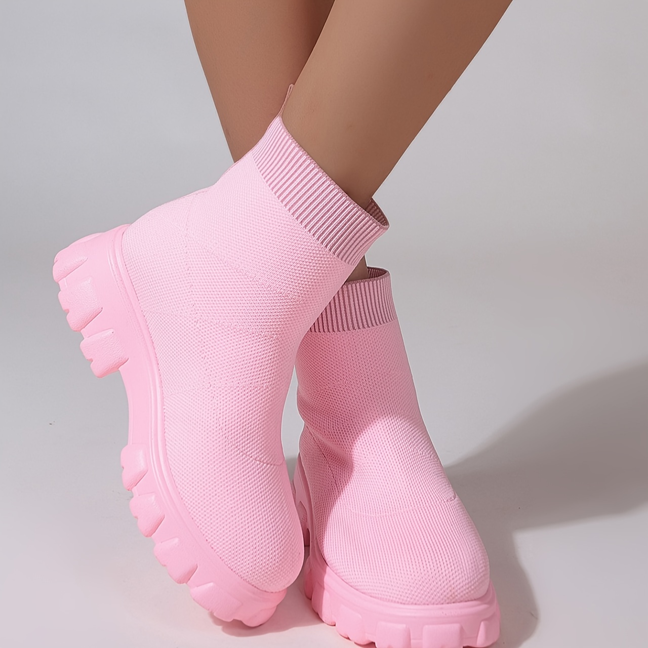 womens pink sock boots round toe knitted slip on platform ankle boots comfortable chunky short boots details 1