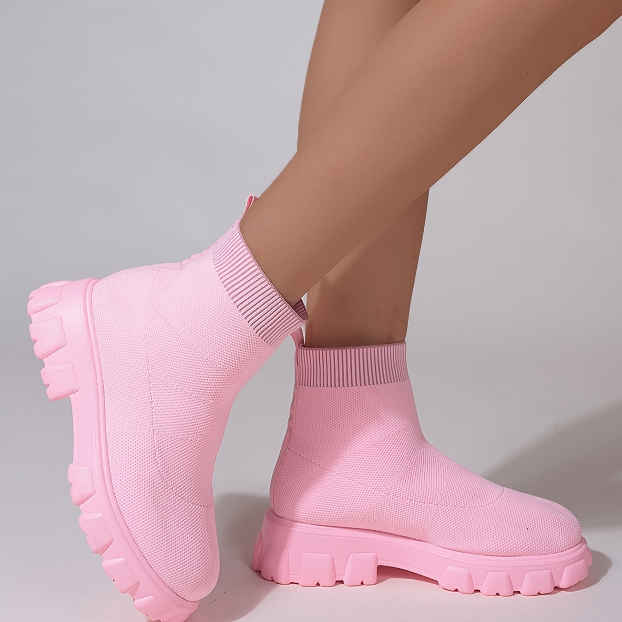 womens pink sock boots round toe knitted slip on platform ankle boots comfortable chunky short boots details 4