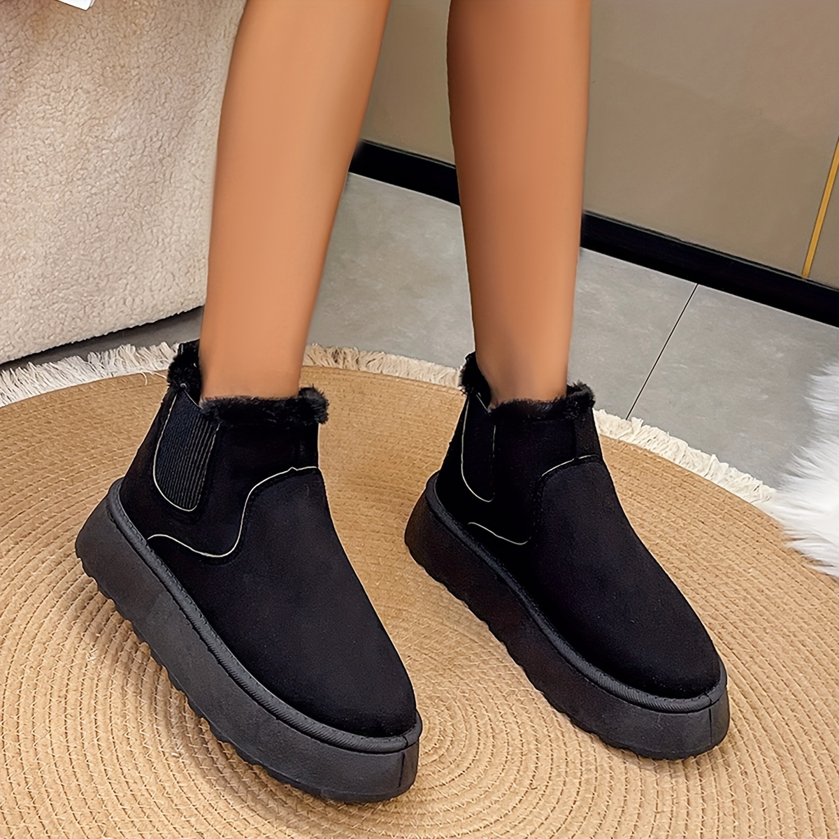 womens solid color platform short boots casual slip on plush lined shoes comfortable ankle boots details 1