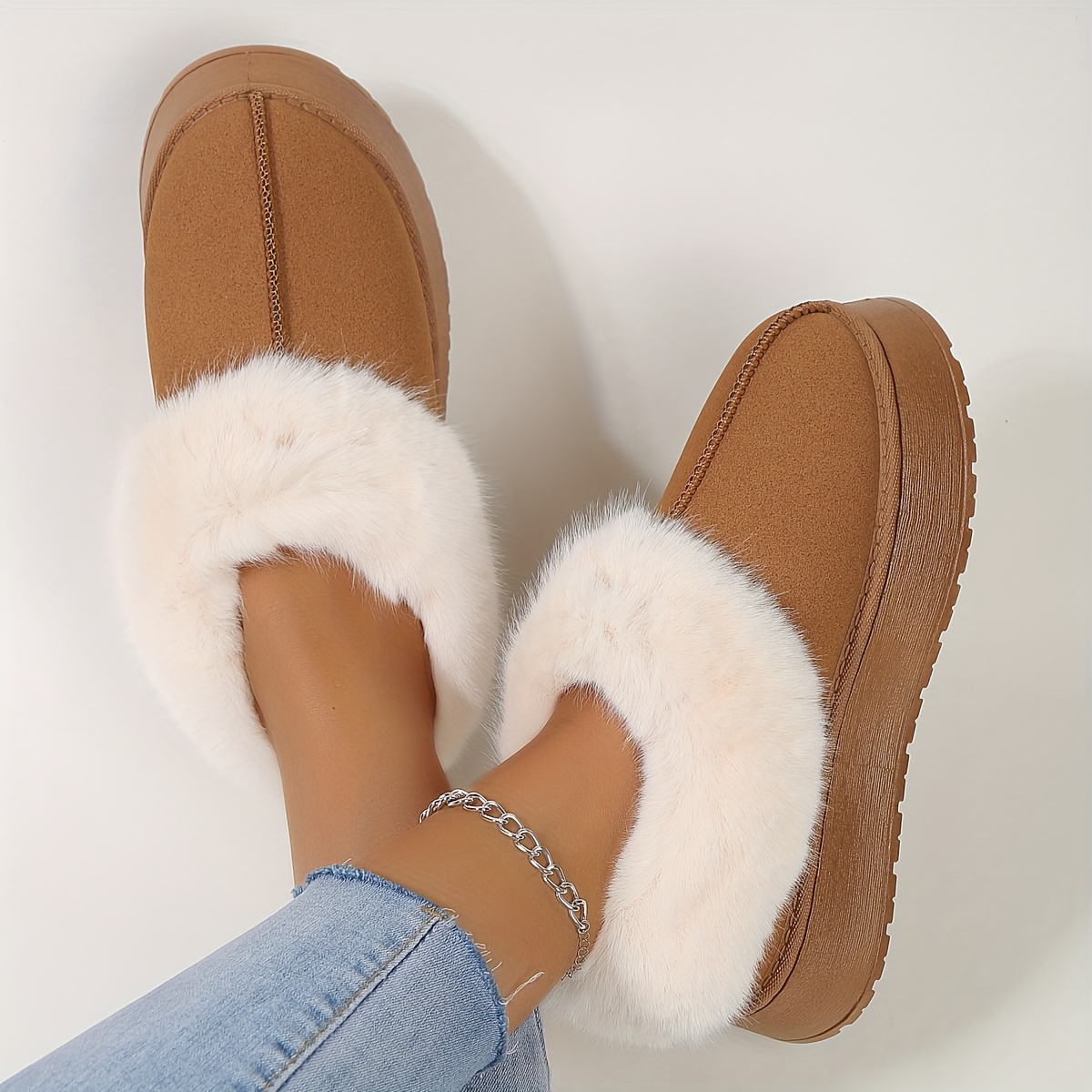 womens solid color platform snow boots casual slip on plush lined boots comfortable winter boots details 2