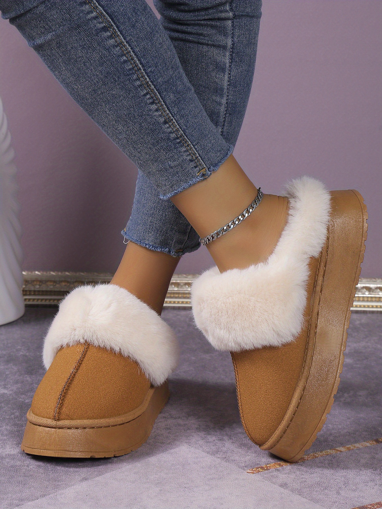 womens trendy fuzzy snow boots casual solid color plush lined platform shoes comfortable lightweight shoes details 0