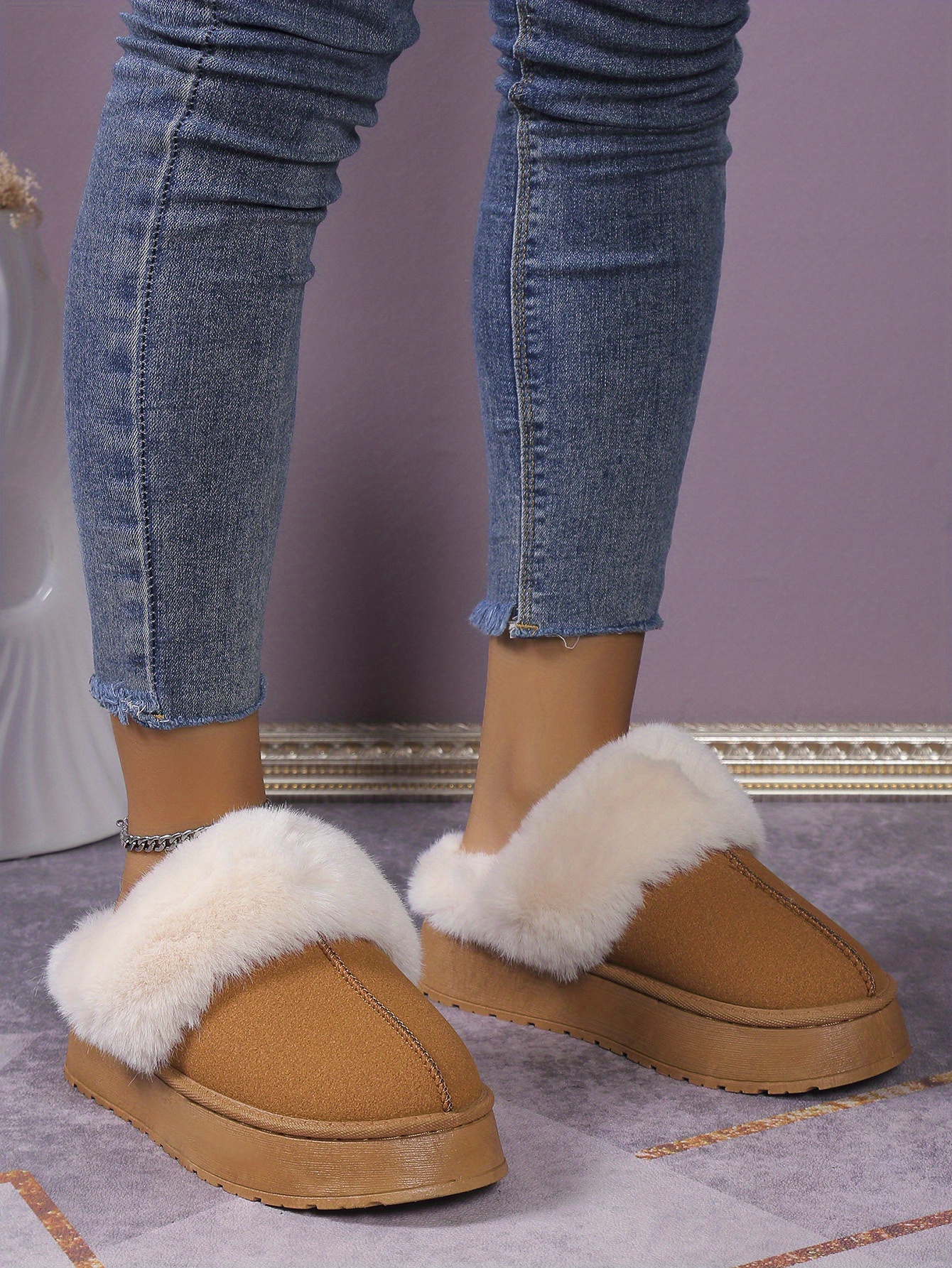 womens trendy fuzzy snow boots casual solid color plush lined platform shoes comfortable lightweight shoes details 1