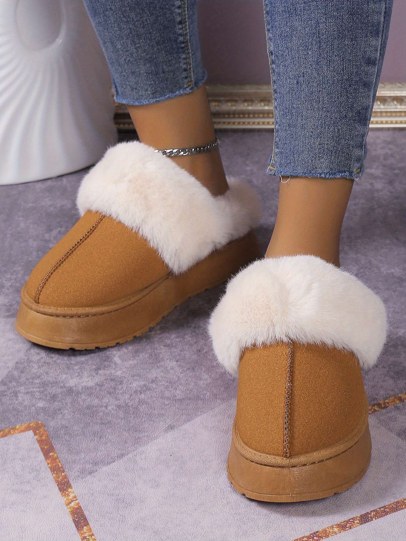 womens trendy fuzzy snow boots casual solid color plush lined platform shoes comfortable lightweight shoes details 2