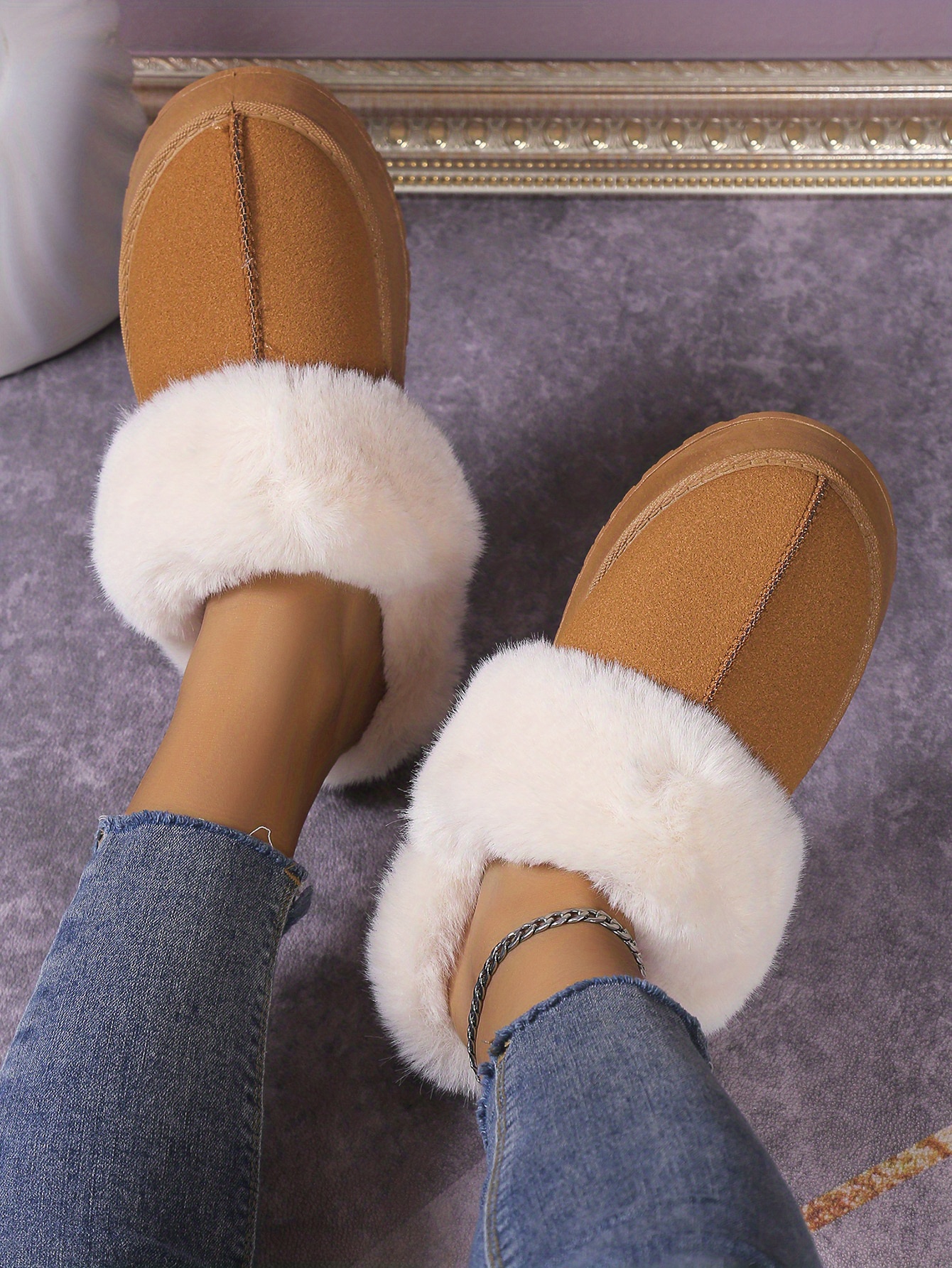 womens trendy fuzzy snow boots casual solid color plush lined platform shoes comfortable lightweight shoes details 3