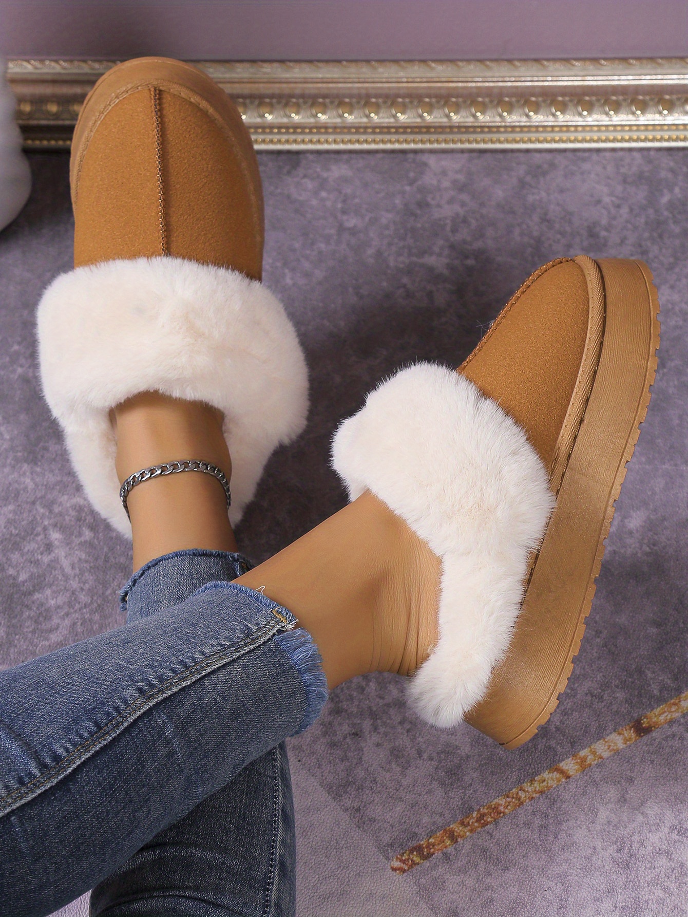 womens trendy fuzzy snow boots casual solid color plush lined platform shoes comfortable lightweight shoes details 4