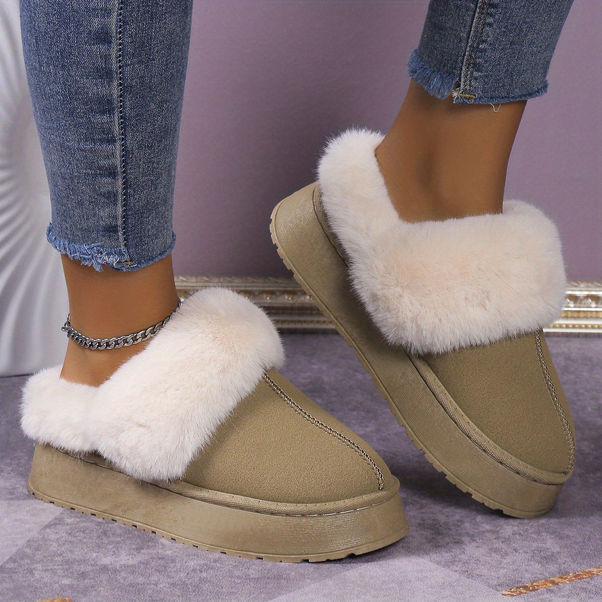 womens trendy fuzzy snow boots casual solid color plush lined platform shoes comfortable lightweight shoes details 6