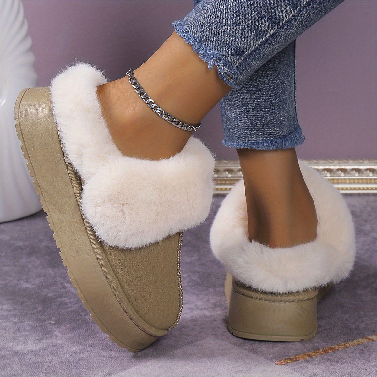 womens trendy fuzzy snow boots casual solid color plush lined platform shoes comfortable lightweight shoes details 7