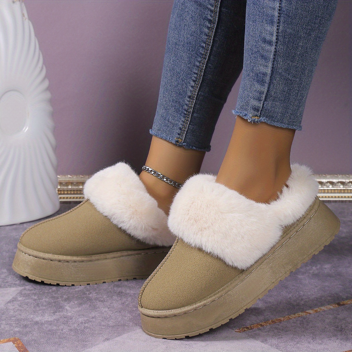 womens trendy fuzzy snow boots casual solid color plush lined platform shoes comfortable lightweight shoes details 9