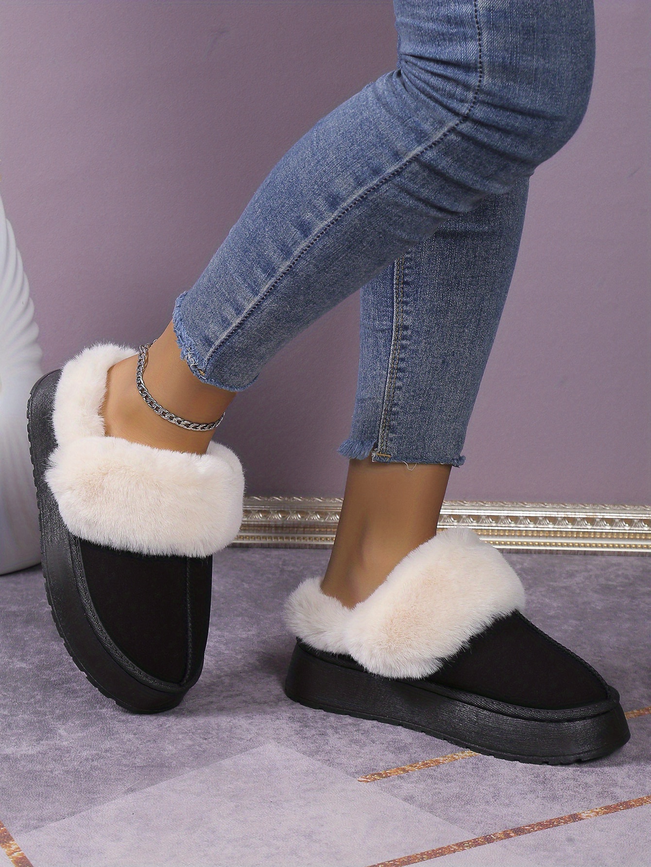 womens trendy fuzzy snow boots casual solid color plush lined platform shoes comfortable lightweight shoes details 12