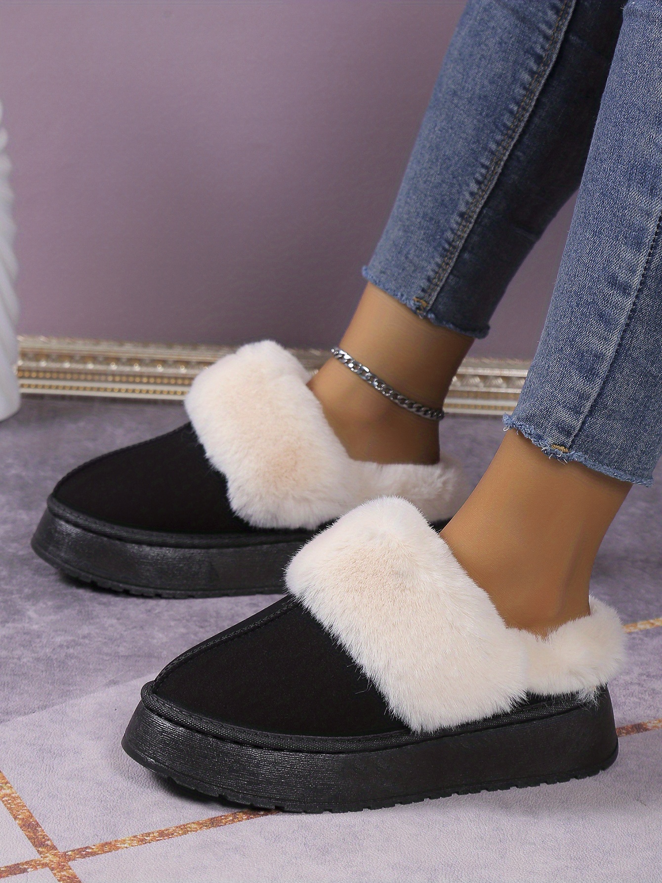 womens trendy fuzzy snow boots casual solid color plush lined platform shoes comfortable lightweight shoes details 13