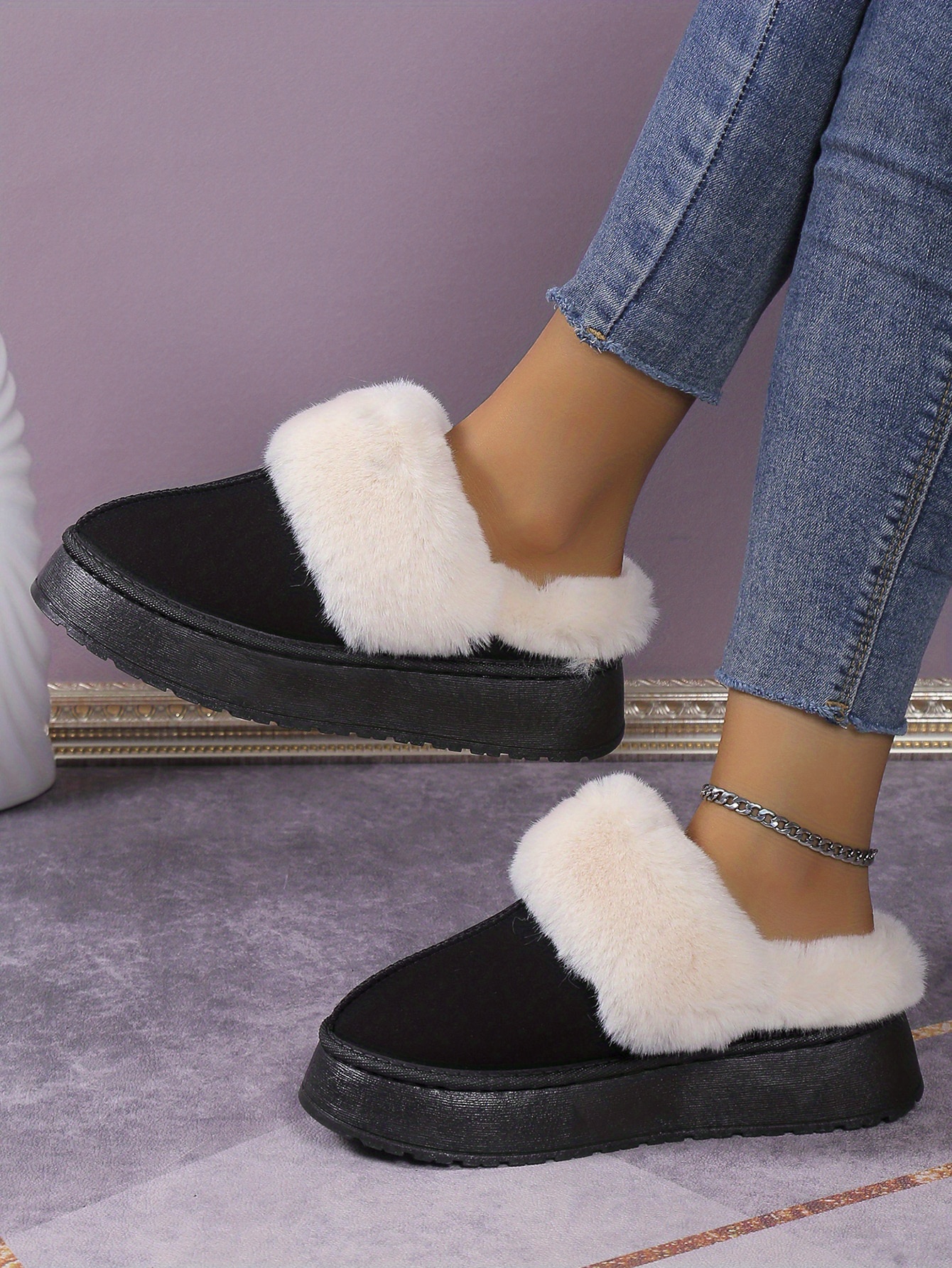 womens trendy fuzzy snow boots casual solid color plush lined platform shoes comfortable lightweight shoes details 14