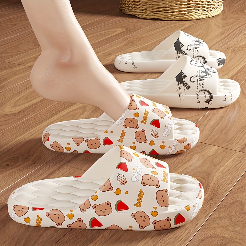 print cartoon animal eva men slippers summer thick platform soft heel non slip sole home indoor man bathroom slides details 4