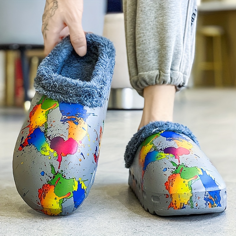 splashed paint print cozy waterproof house slippers anti skid slip on shoes indoor for men winter shoes fuzz lined clogs details 6