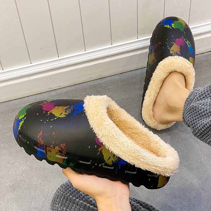 splashed paint print cozy waterproof house slippers anti skid slip on shoes indoor for men winter shoes fuzz lined clogs details 9