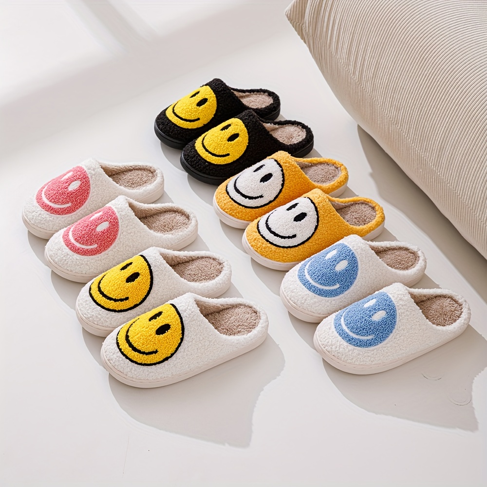 smiling face design soft plush cozy house slippers anti skid slip on shoes indoor for men and women winter shoes details 1