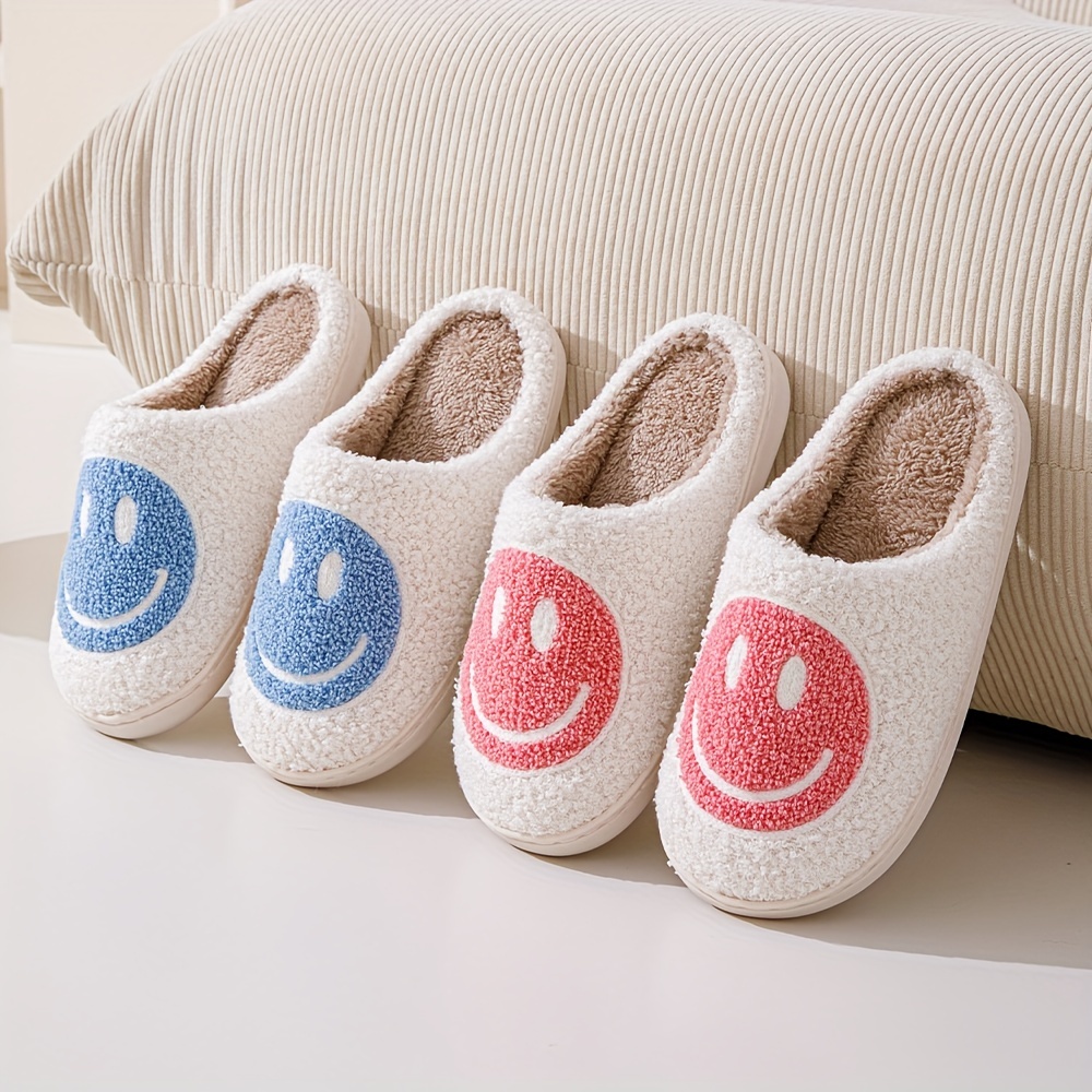 smiling face design soft plush cozy house slippers anti skid slip on shoes indoor for men and women winter shoes details 4